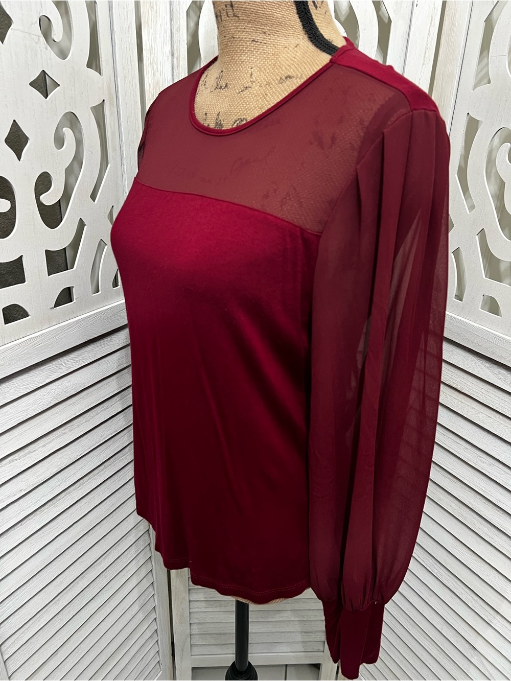 Lascana Women’s Mesh Yoke Long Sleeve Top - Burgundy - Picture 9 of 13